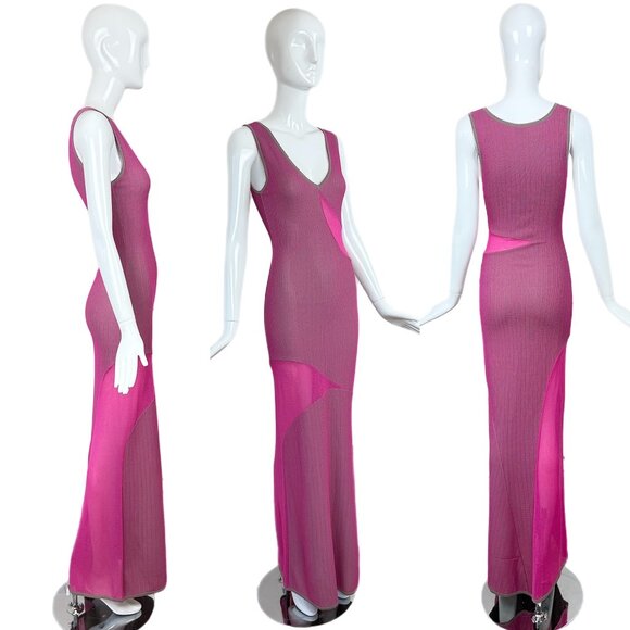 HERVE LEGER Vintage Pink + Grey Maxi Dress Gown V Neck Pointelle 90's 00's